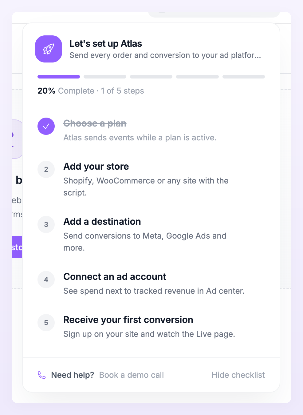 The setup checklist with its five steps