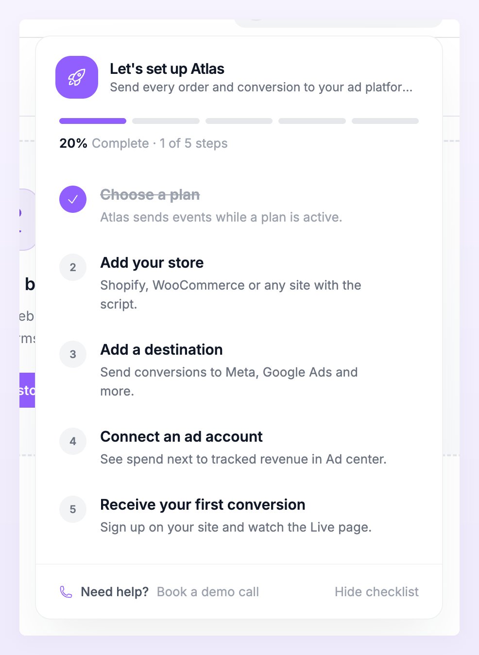 The setup checklist with its five steps
