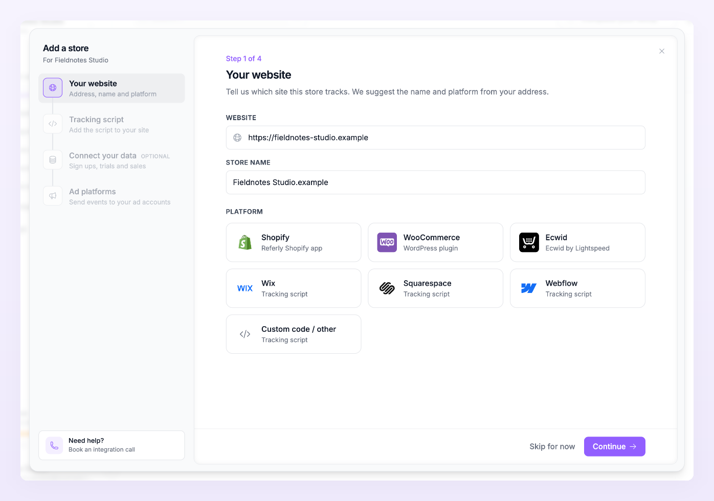 Add a store wizard, step 1 Your website, with the website and store name fields and the platform tiles