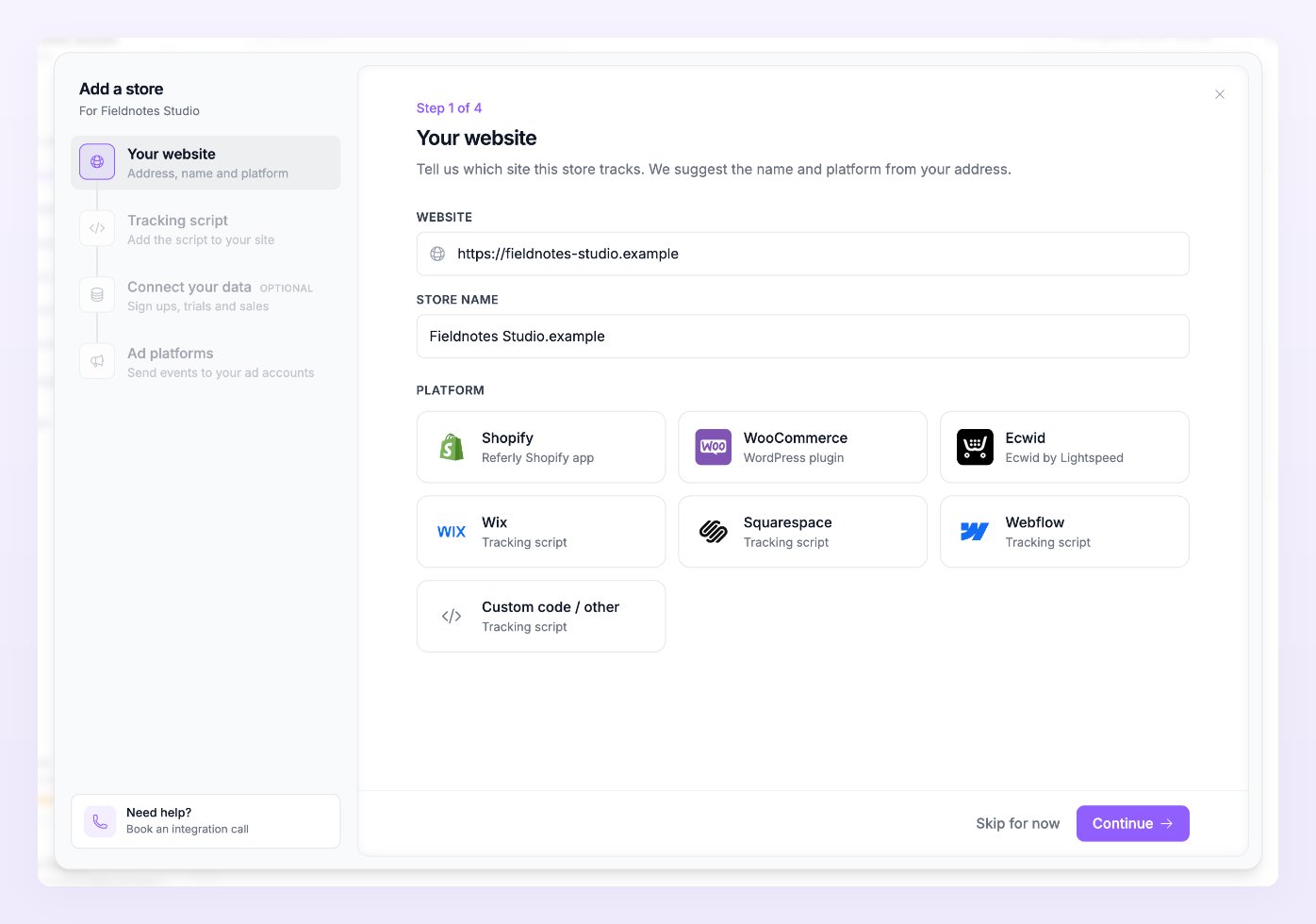 Add a store wizard, step 1 Your website, with the website and store name fields and the platform tiles