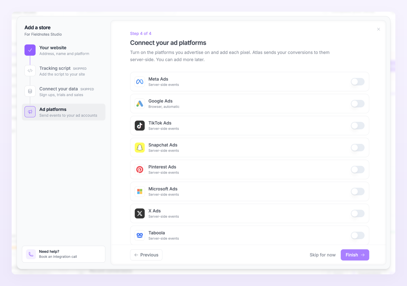 Wizard step 4 Connect your ad platforms with a switch per platform