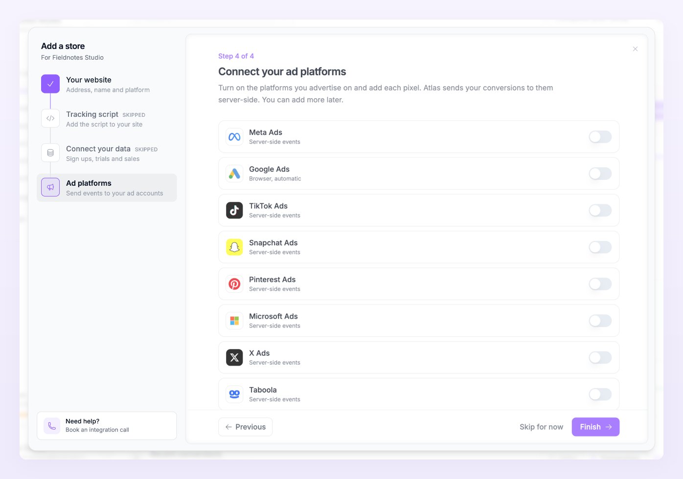 Wizard step 4 Connect your ad platforms with a switch per platform