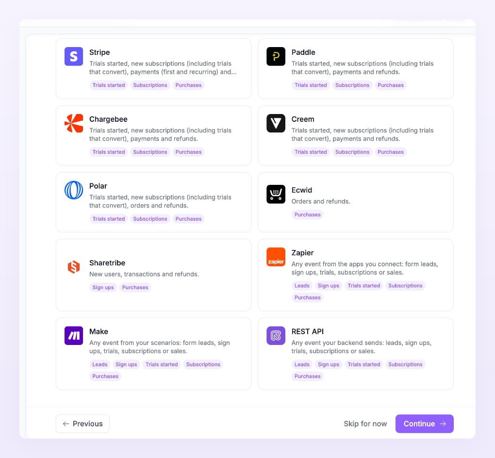 All ten data integration cards: Stripe, Paddle, Chargebee, Creem, Polar, Ecwid, Sharetribe, Zapier, Make and REST API, with the events each one records