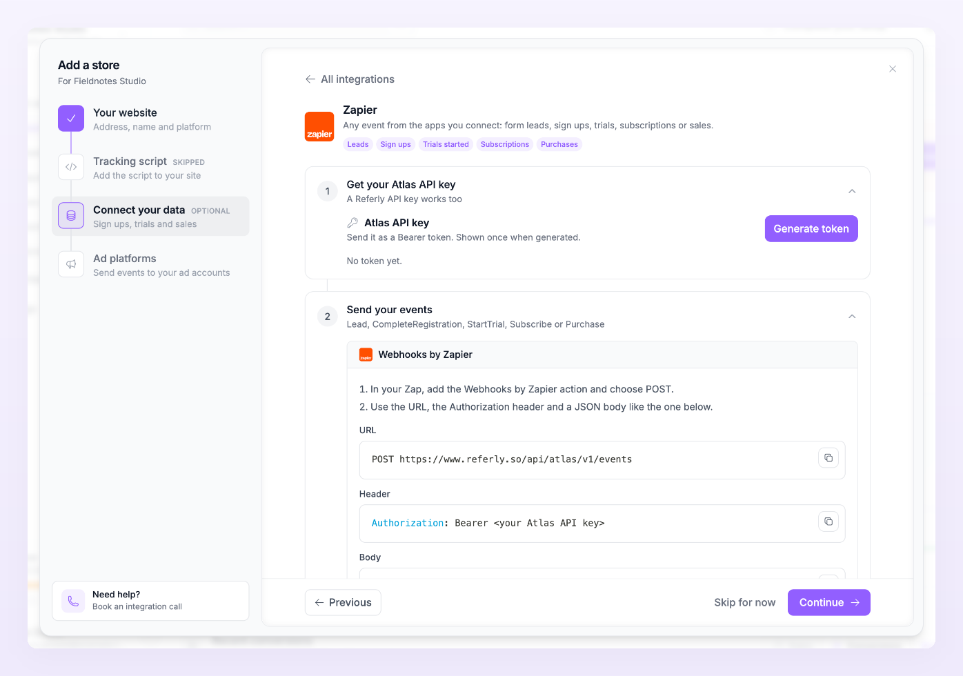 Zapier integration page in the wizard with the Get your Atlas API key step and the Send your events step showing the Webhooks by Zapier URL, Authorization header and body