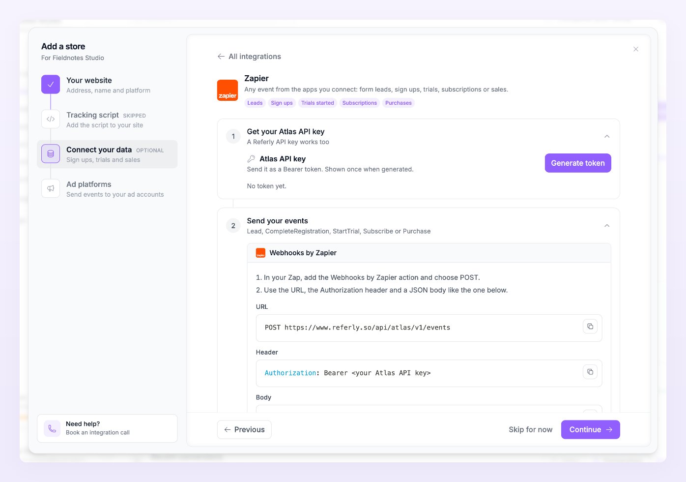 Zapier integration page in the wizard with the Get your Atlas API key step and the Send your events step showing the Webhooks by Zapier URL, Authorization header and body