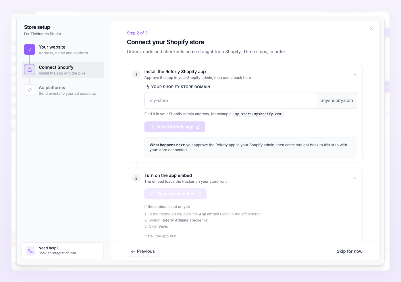 Connect your Shopify store step with the store domain field and the Install Referly app button