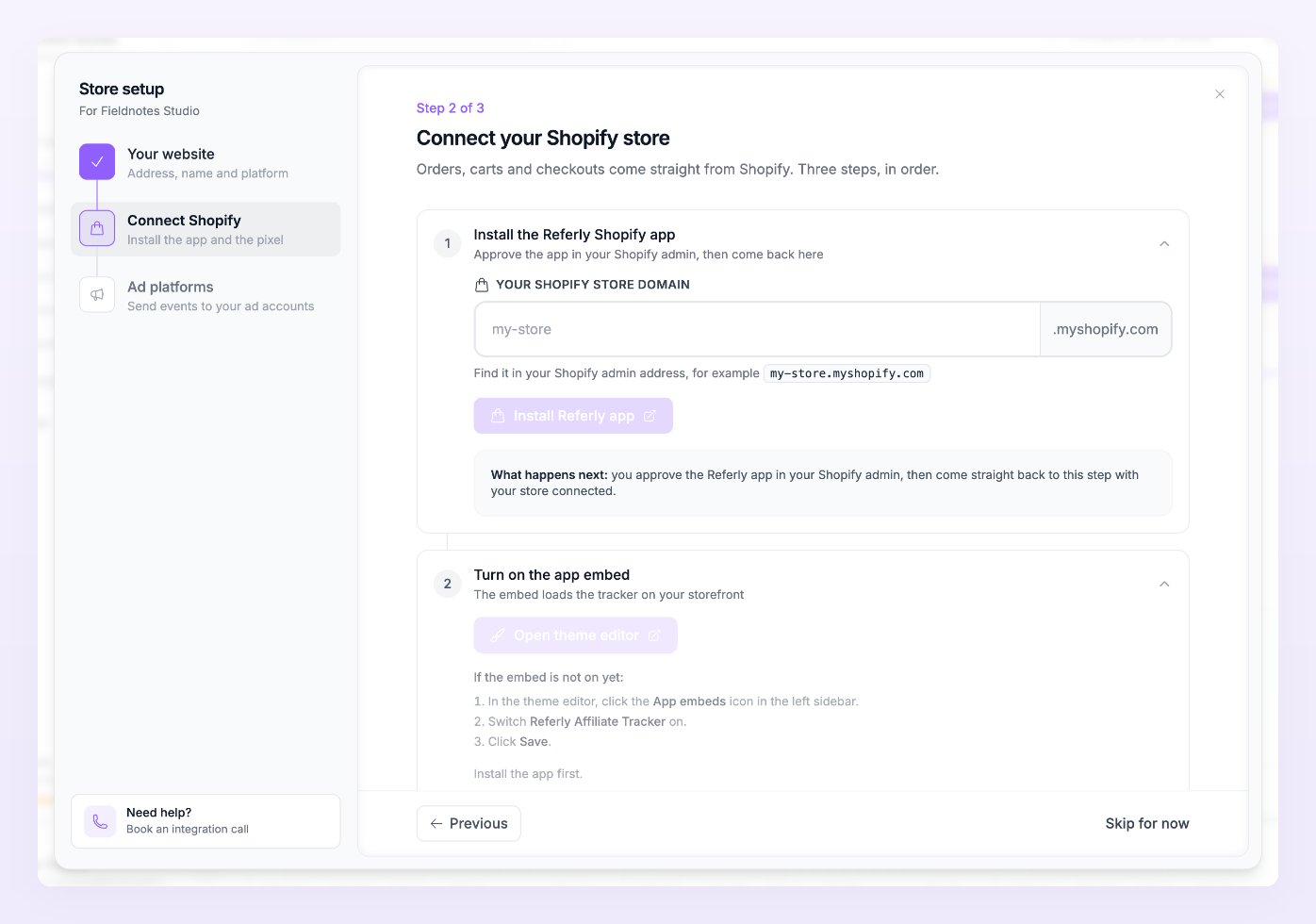 Connect your Shopify store step with the store domain field and the Install Referly app button