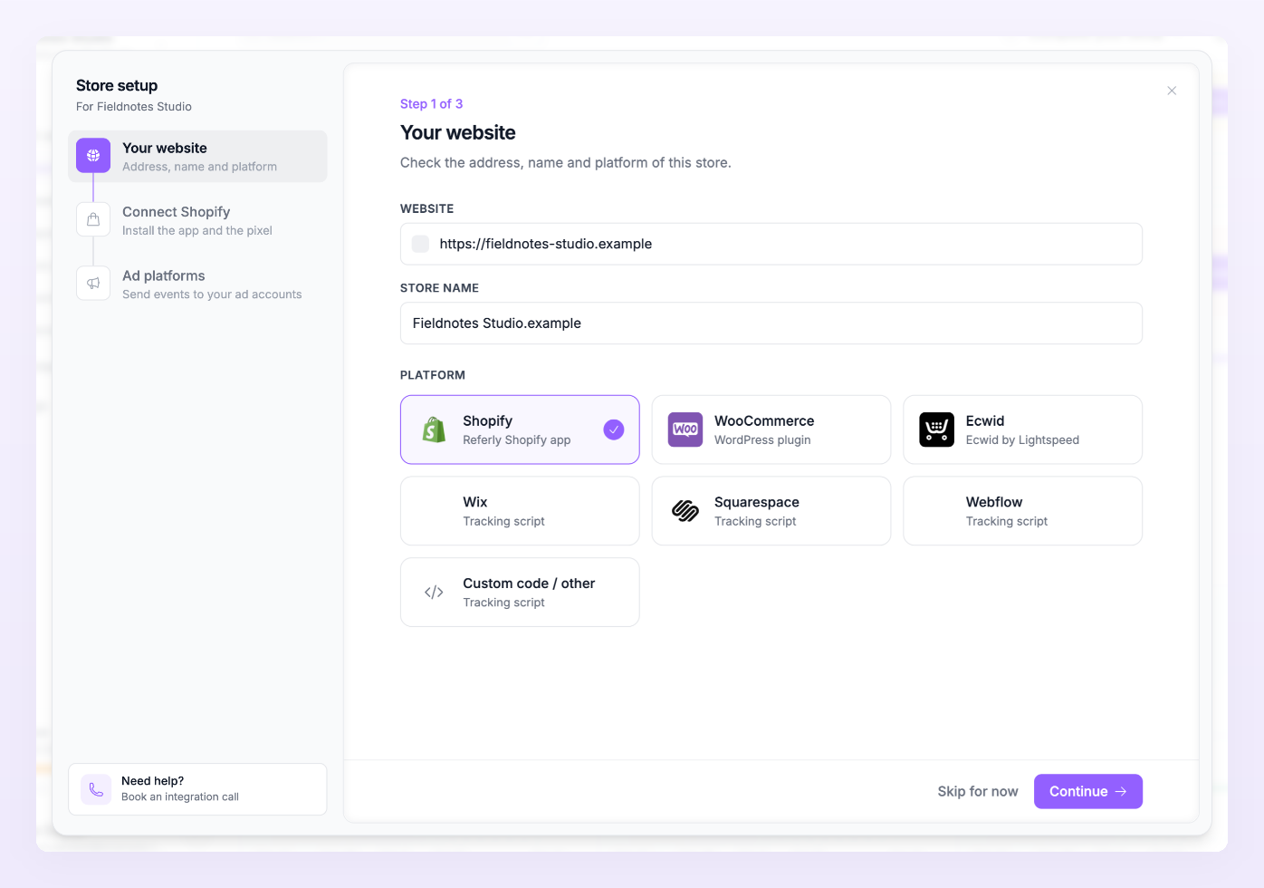 Add a store wizard, step 1 with the Shopify tile selected and Connect Shopify shown as the next step