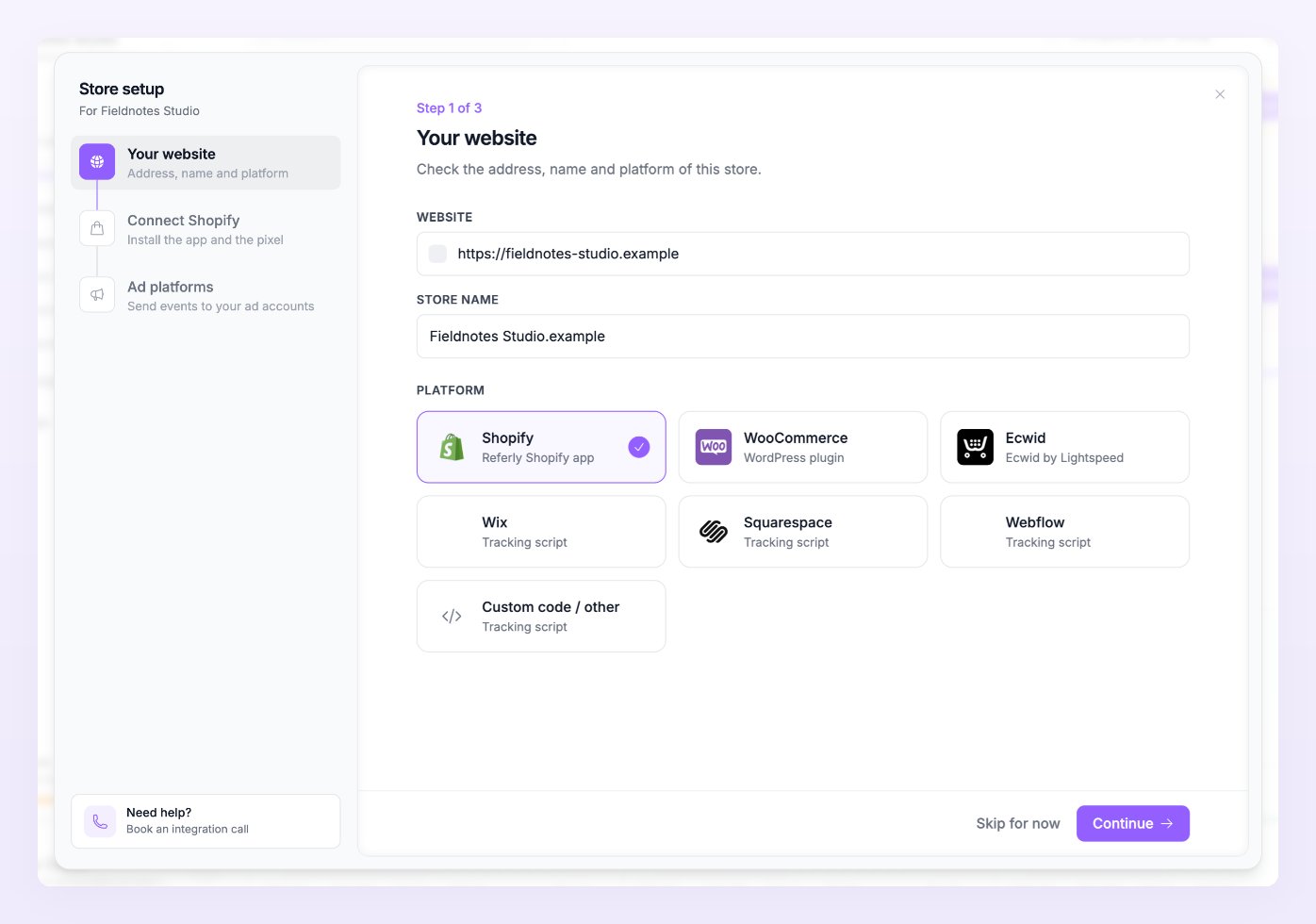 Add a store wizard, step 1 with the Shopify tile selected and Connect Shopify shown as the next step