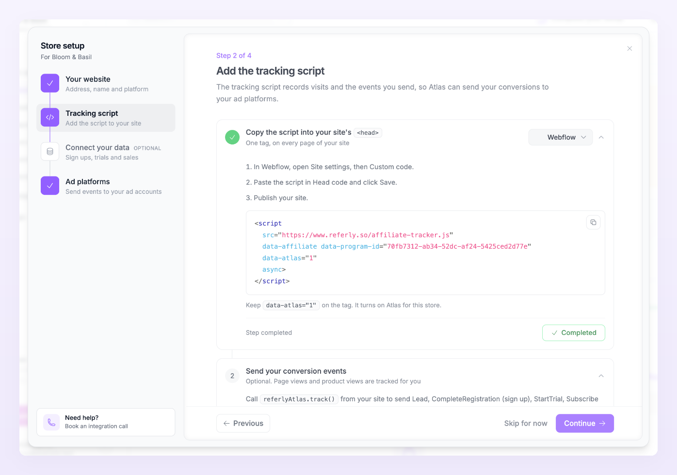 Tracking script step with the method set to Webflow: the three Webflow instructions, the script tag and the step marked Completed