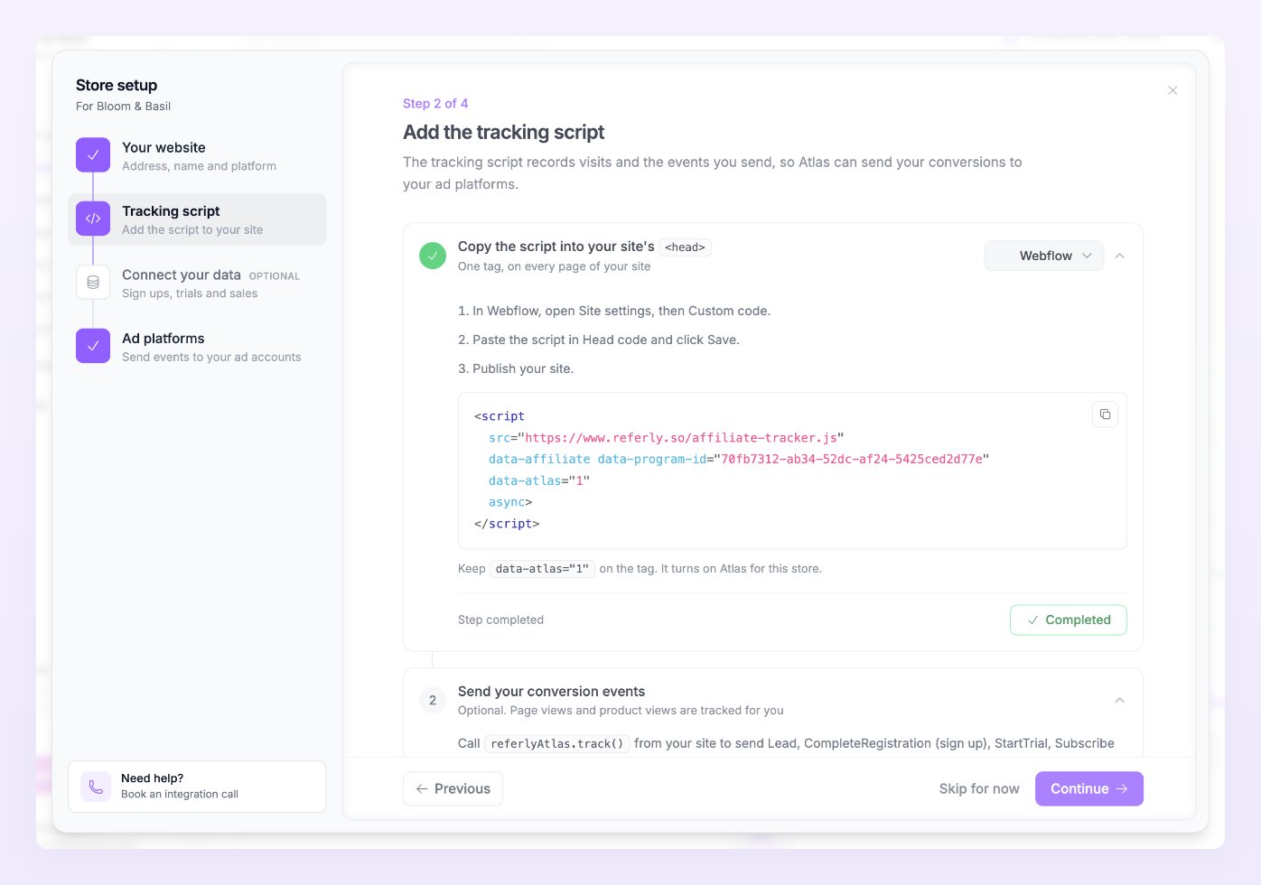 Tracking script step with the method set to Webflow: the three Webflow instructions, the script tag and the step marked Completed