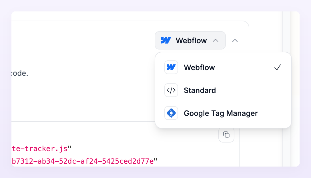 Install method dropdown of the tracking script step with Webflow, Standard and Google Tag Manager