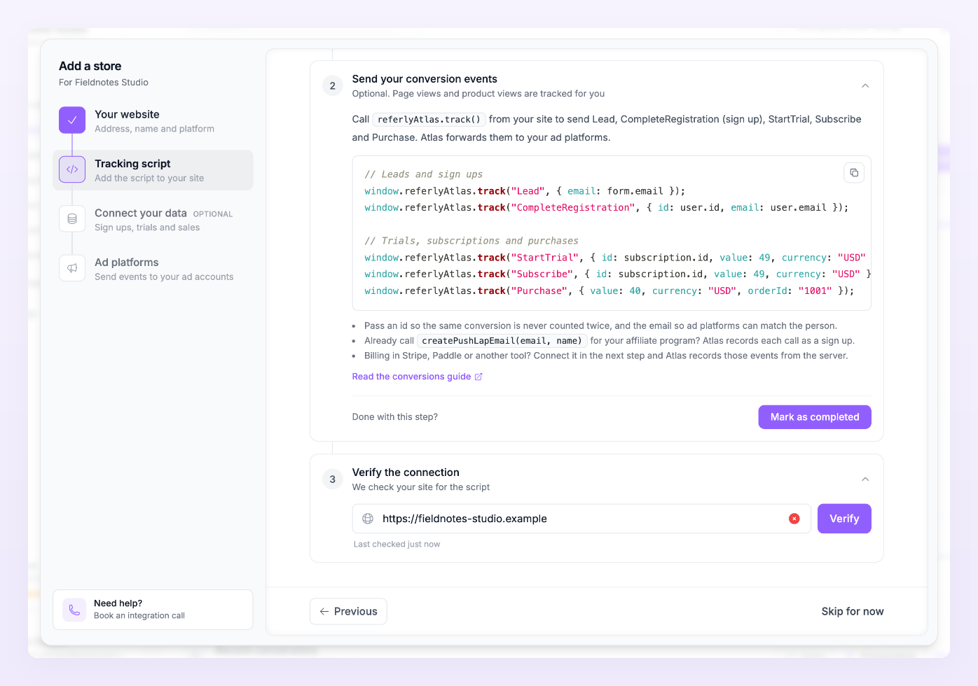 Wizard step 2 continued: the Send your conversion events code example with referlyAtlas.track calls and the Verify the connection block