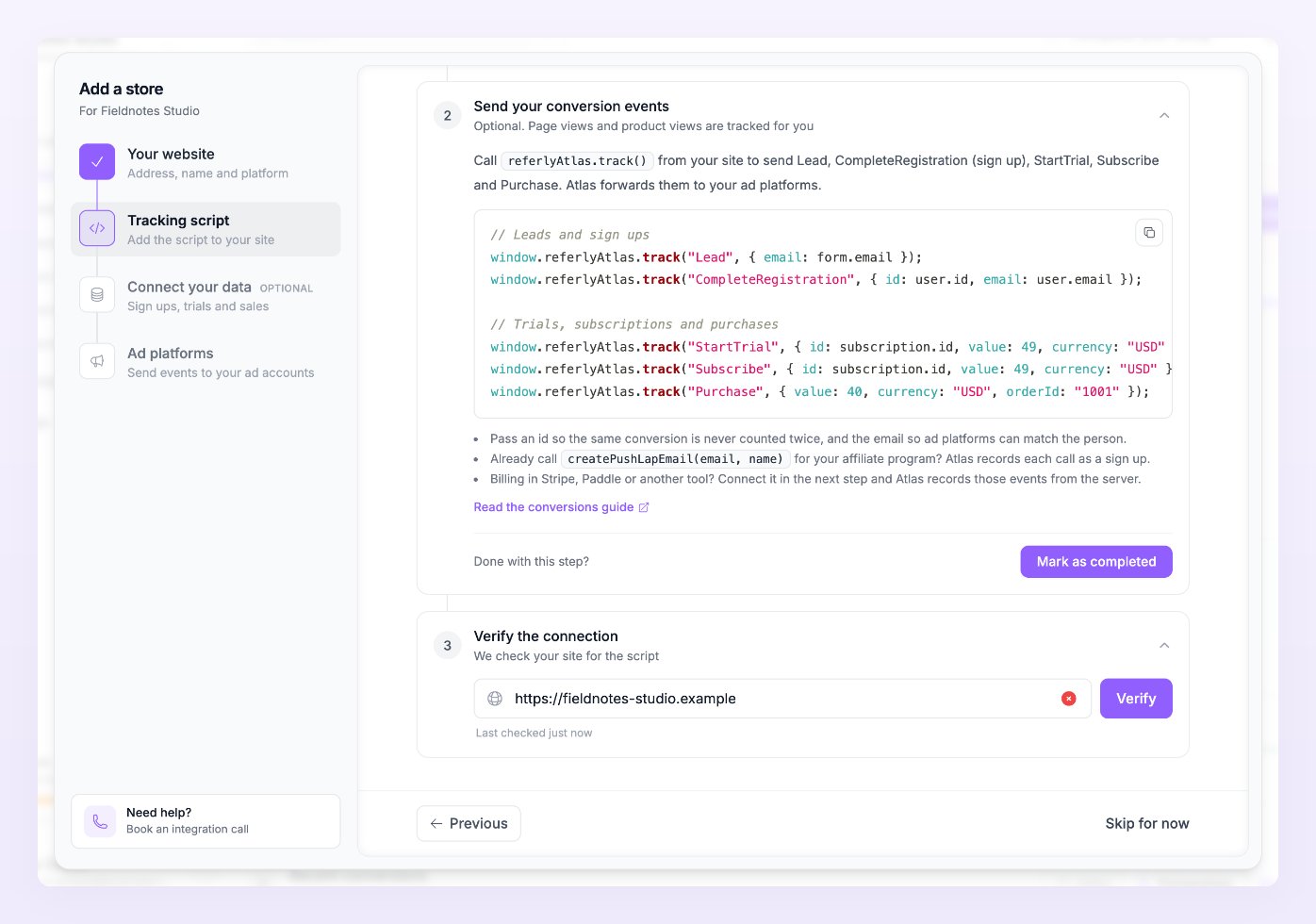 Wizard step 2 continued: the Send your conversion events code example with referlyAtlas.track calls and the Verify the connection block