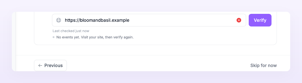 Verify the connection block with the site address, the Verify button and the result No events yet. Visit your site, then verify again.