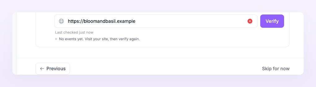 Verify the connection block with the site address, the Verify button and the result No events yet. Visit your site, then verify again.