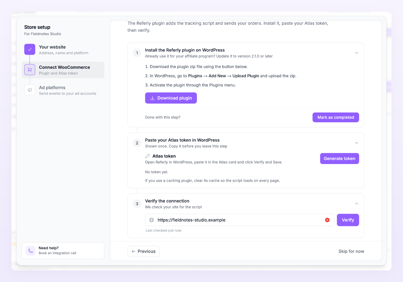 Connect WooCommerce step with Install the Referly plugin, Paste your Atlas token and Verify the connection