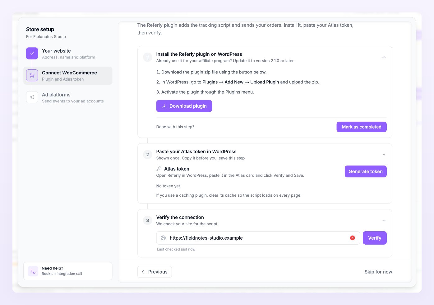 Connect WooCommerce step with Install the Referly plugin, Paste your Atlas token and Verify the connection