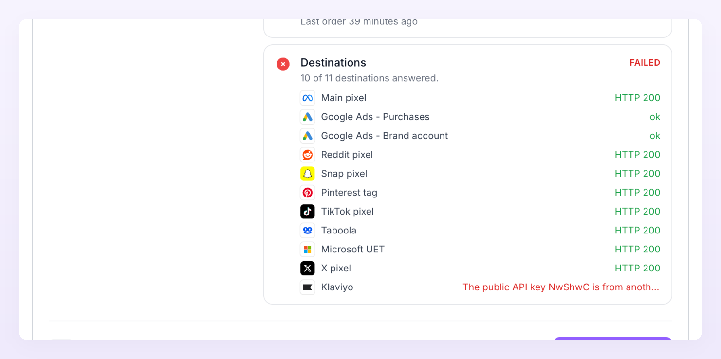 Test connection results showing the Destinations check with each pixel's answer, one of them failing with a Klaviyo key mismatch