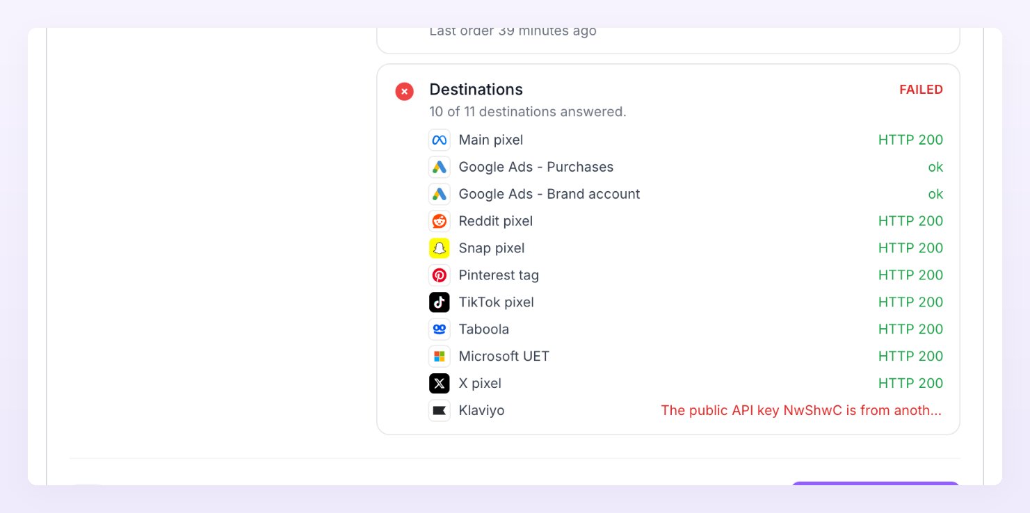 Test connection results showing the Destinations check with each pixel's answer, one of them failing with a Klaviyo key mismatch