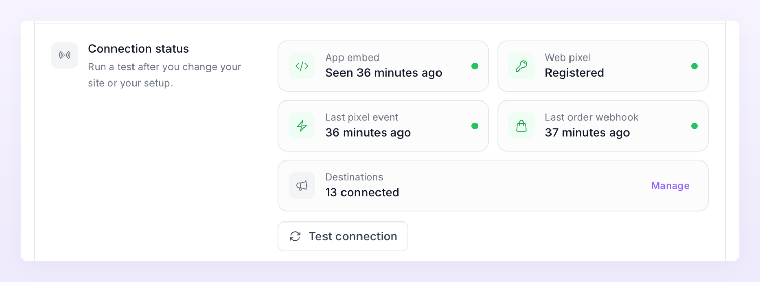 Connection status tiles for a Shopify store: App embed seen, Web pixel registered, last pixel event, last order webhook and destinations, with the Test connection button
