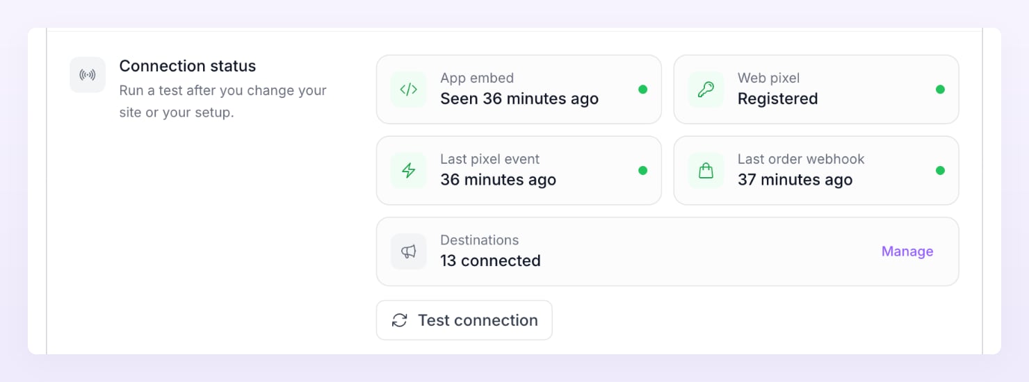 Connection status tiles for a Shopify store: App embed seen, Web pixel registered, last pixel event, last order webhook and destinations, with the Test connection button