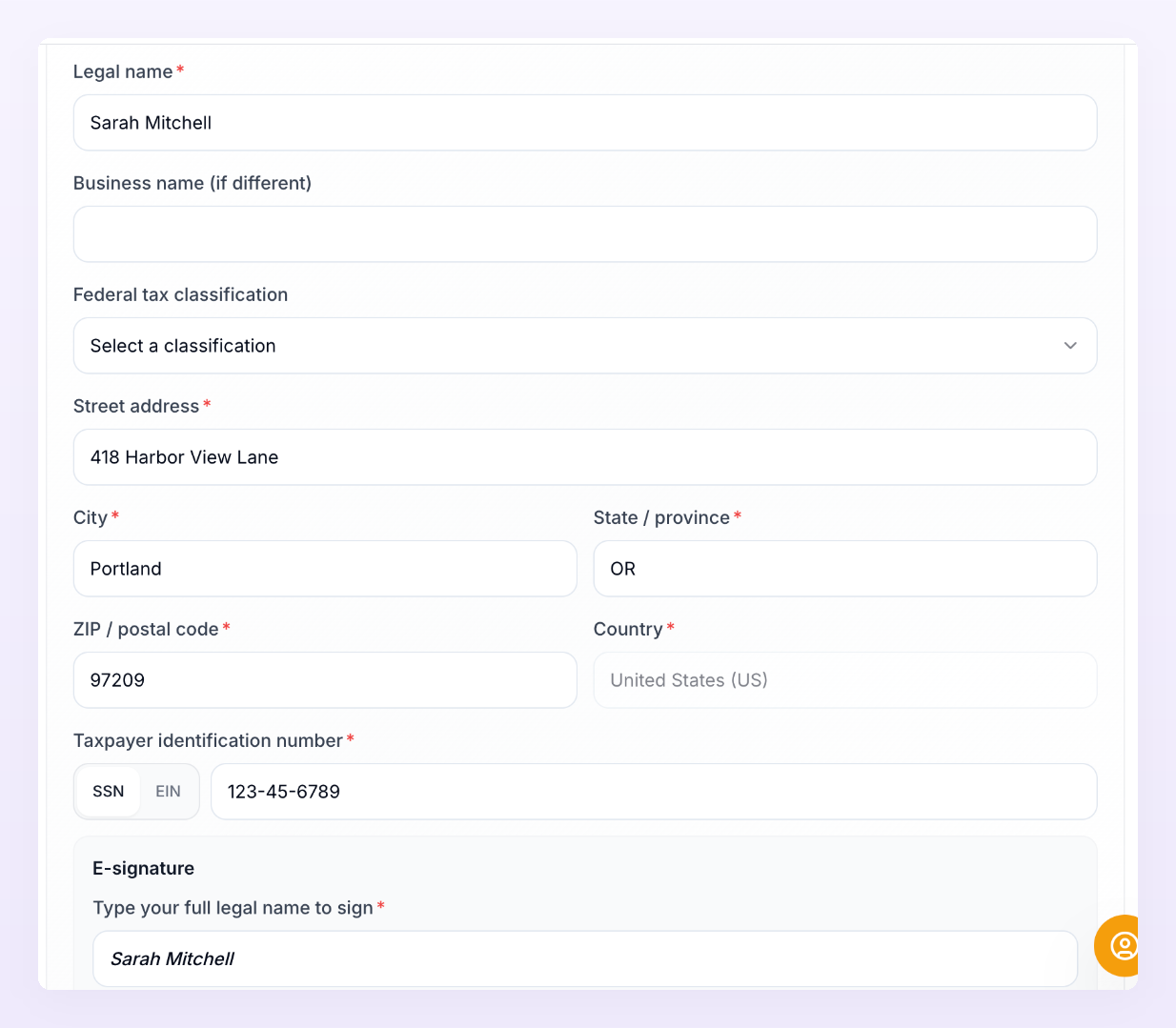 The W-9 form open inside the request card, with the Legal name, Federal tax classification, address, Taxpayer identification number and E-signature fields filled in