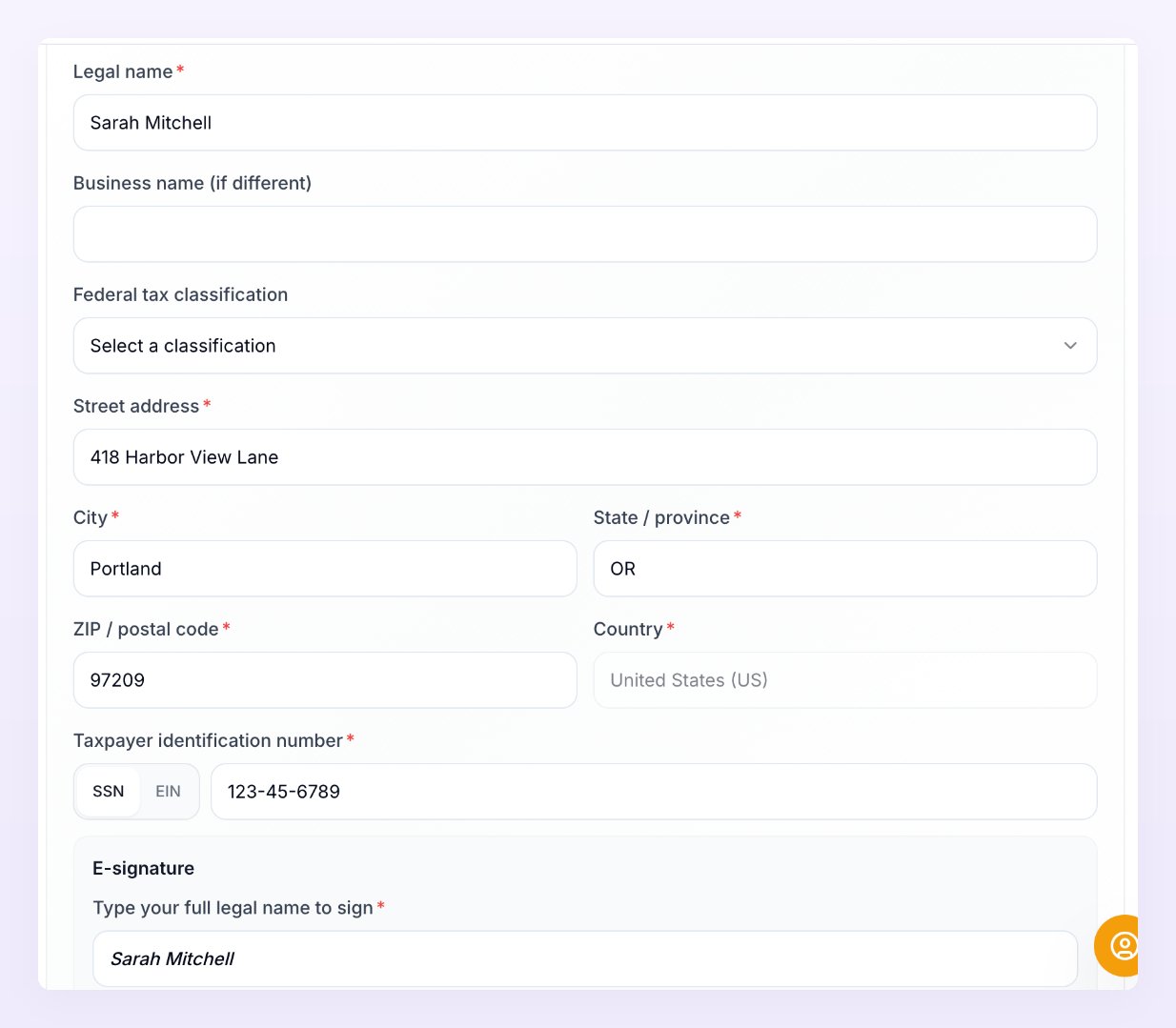 The W-9 form open inside the request card, with the Legal name, Federal tax classification, address, Taxpayer identification number and E-signature fields filled in