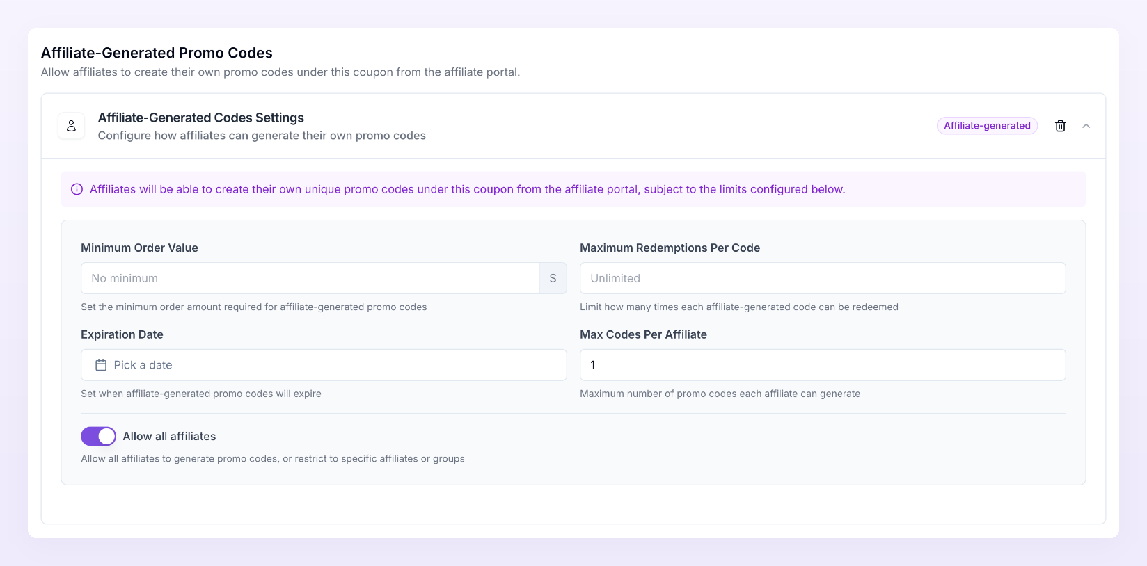 The Affiliate-Generated Promo Codes section with the Affiliate-Generated Codes Settings card, its Affiliate-generated badge and the limit fields