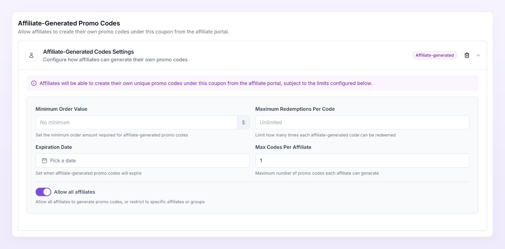 The Affiliate-Generated Promo Codes section with the Affiliate-Generated Codes Settings card, its Affiliate-generated badge and the limit fields