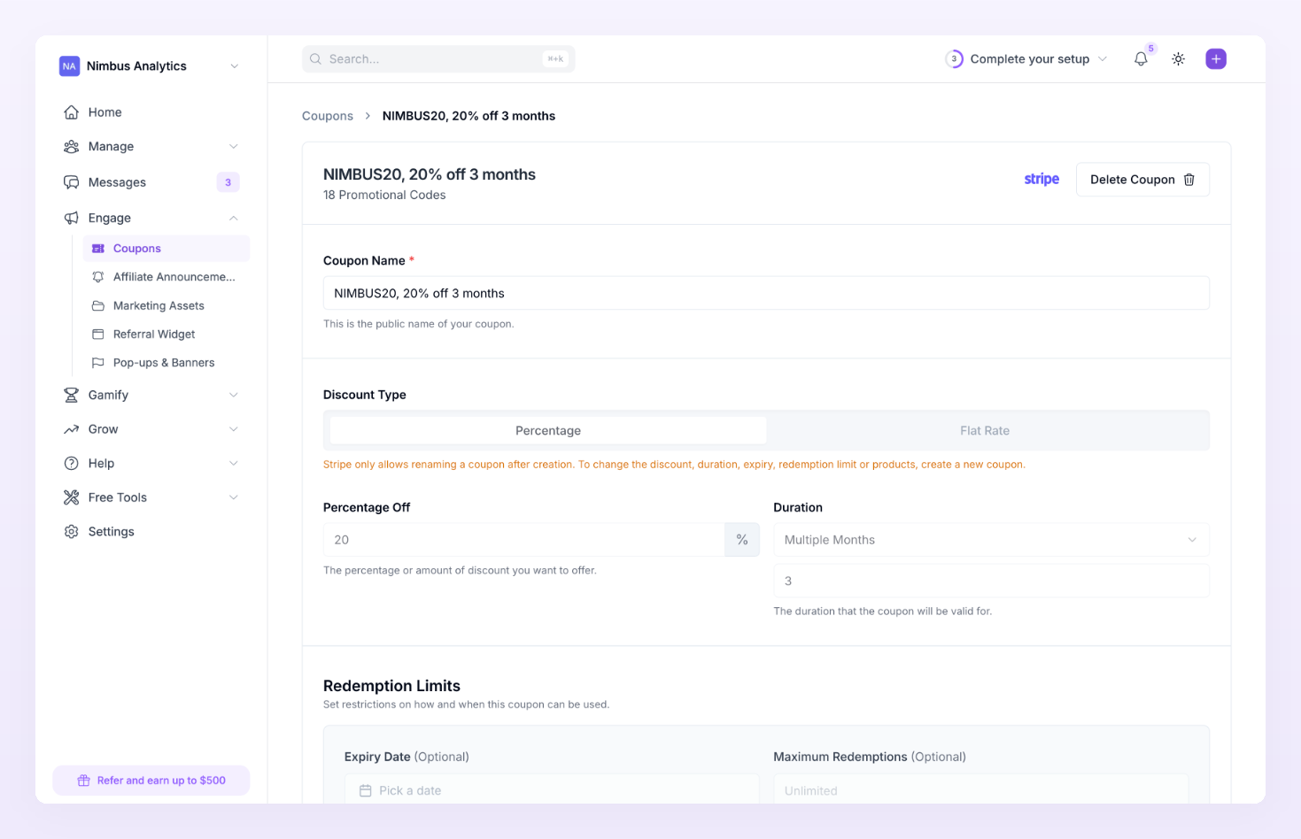 A Stripe coupon's page with the Coupon Name field, the greyed-out Discount Type, Percentage Off and Duration settings, and the amber note under the Percentage and Flat Rate switch