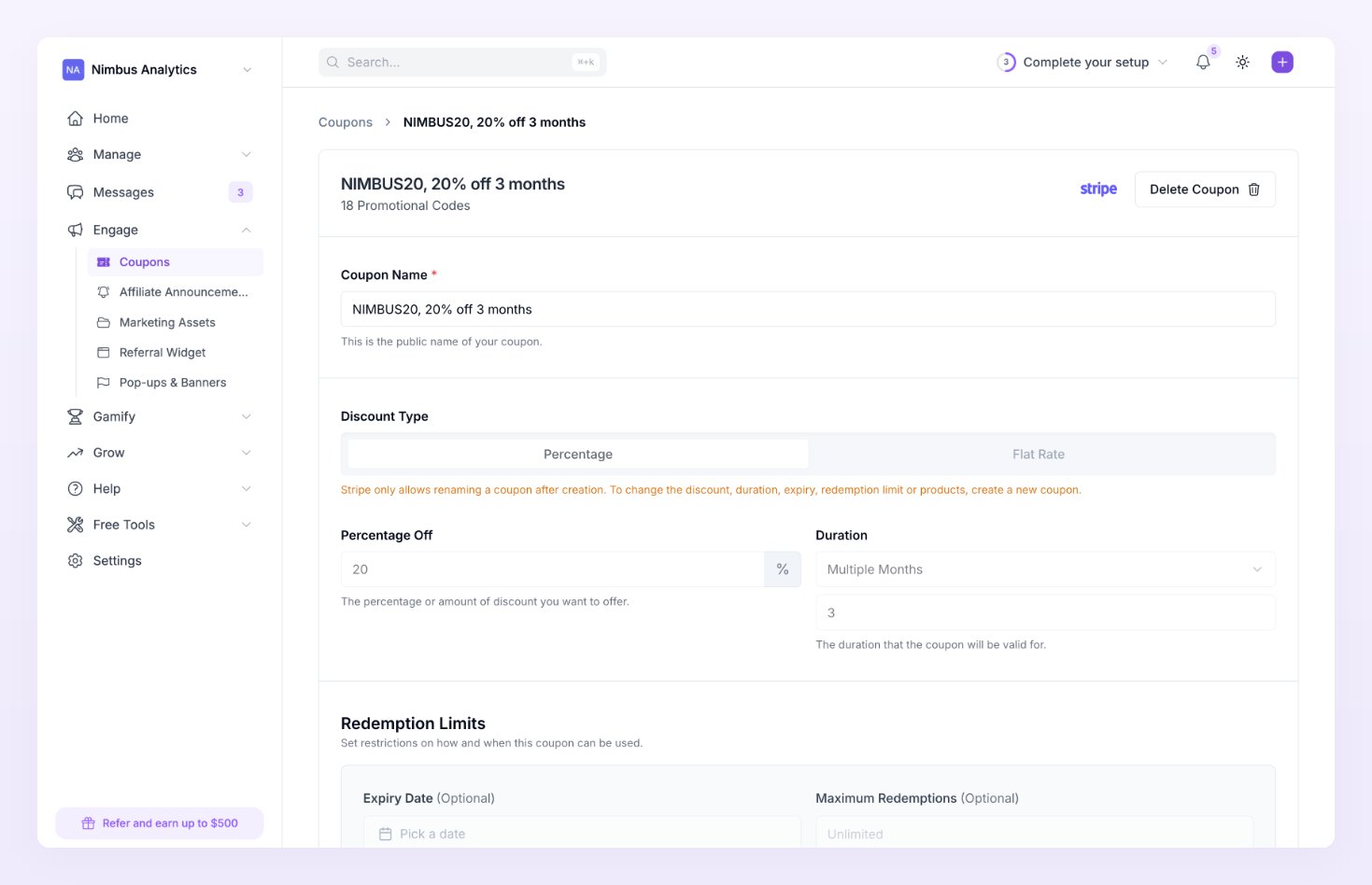 A Stripe coupon's page with the Coupon Name field, the greyed-out Discount Type, Percentage Off and Duration settings, and the amber note under the Percentage and Flat Rate switch