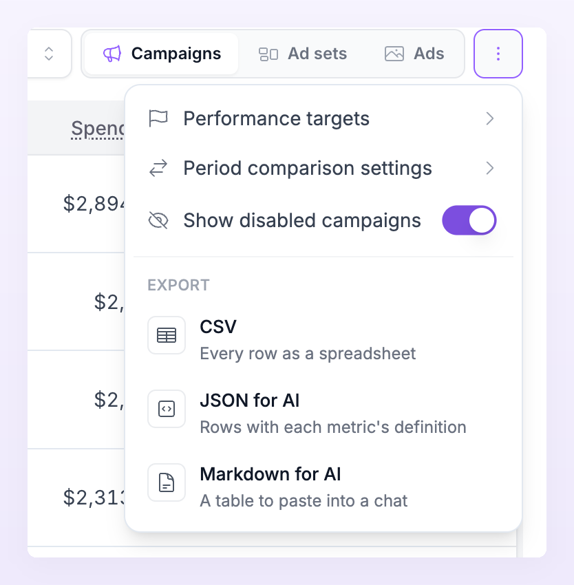 Table options menu with Performance targets, Period comparison settings, Show disabled and the export formats
