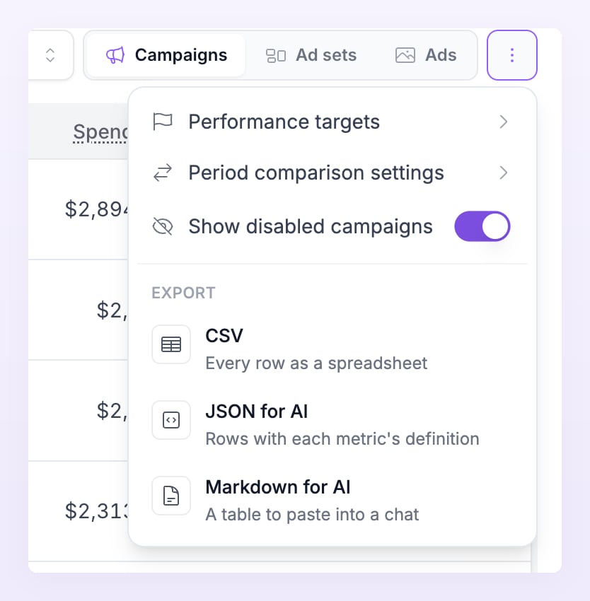 Table options menu with Performance targets, Period comparison settings, Show disabled and the export formats