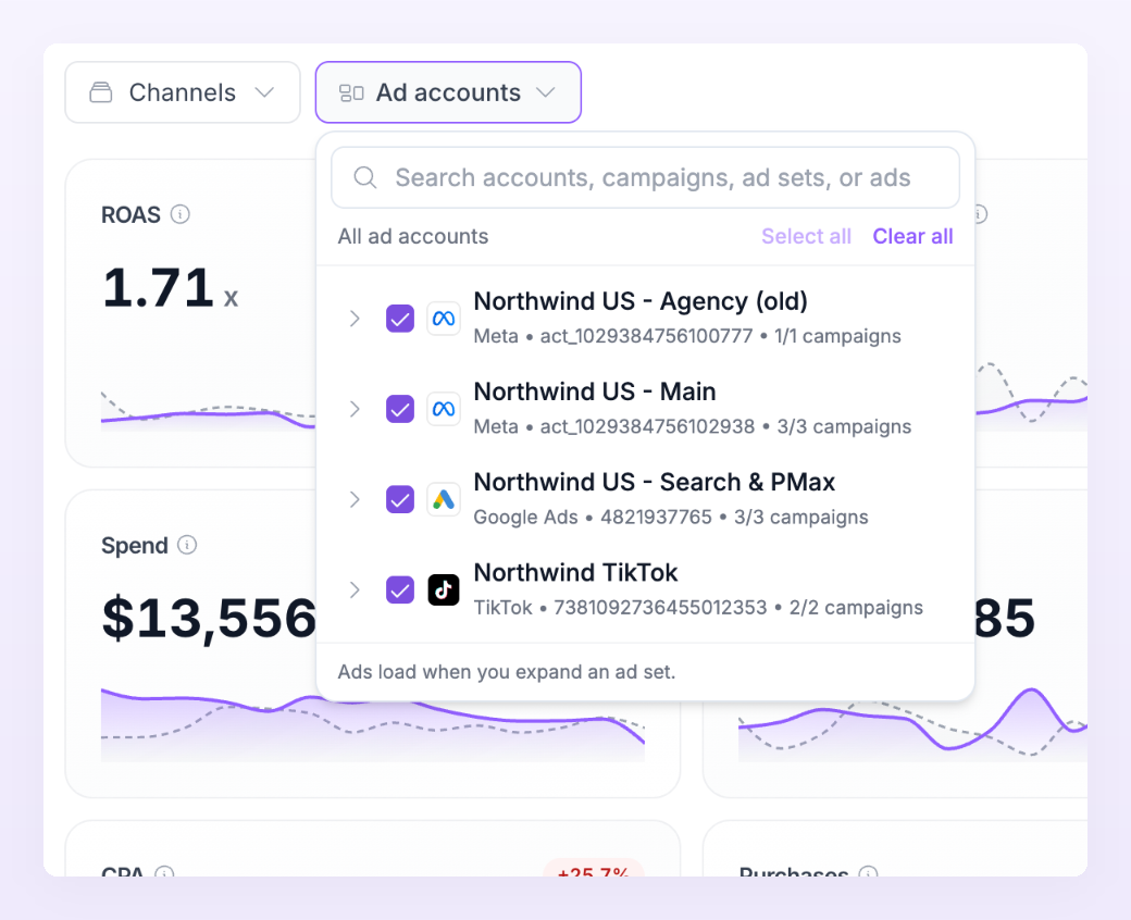 Ad accounts filter tree with search, Select all and Clear all