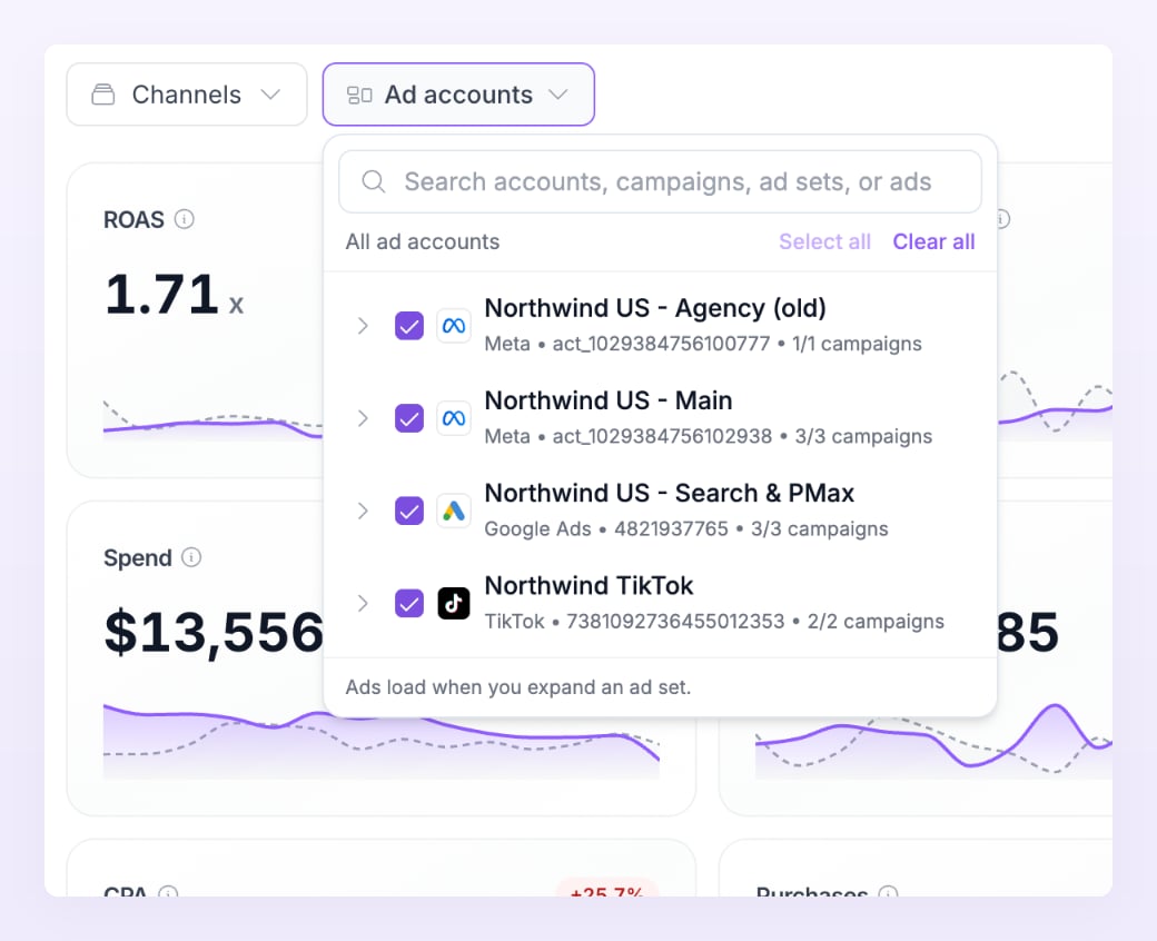 Ad accounts filter tree with search, Select all and Clear all