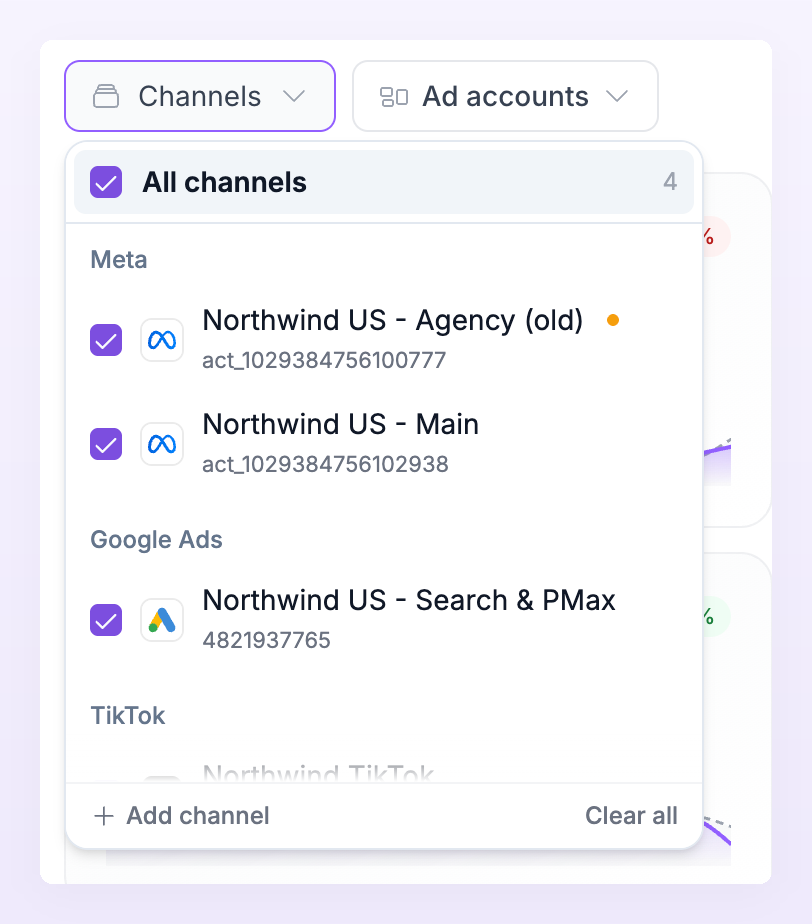 Channels selector listing the connected ad accounts with checkboxes