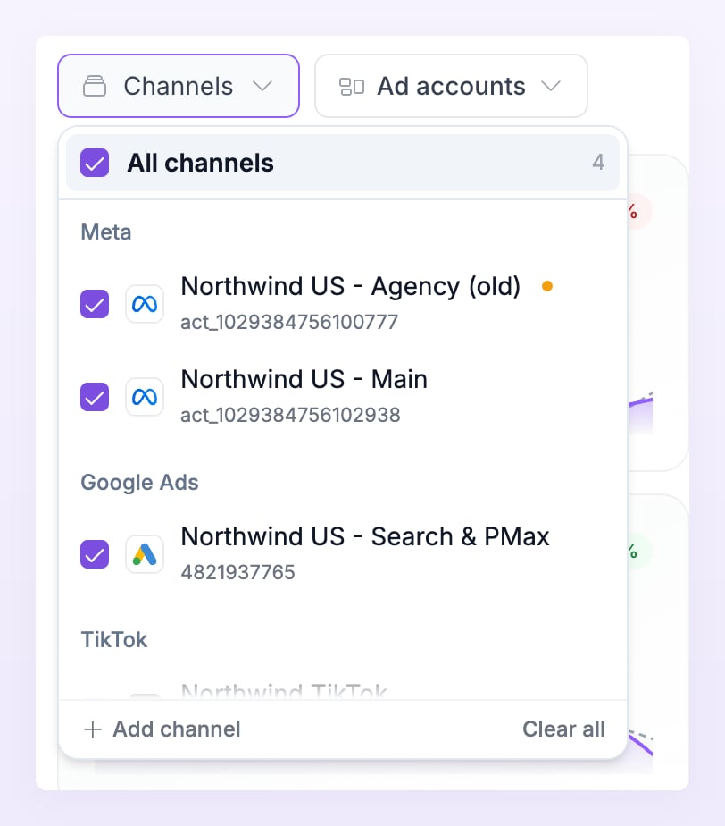 Channels selector listing the connected ad accounts with checkboxes