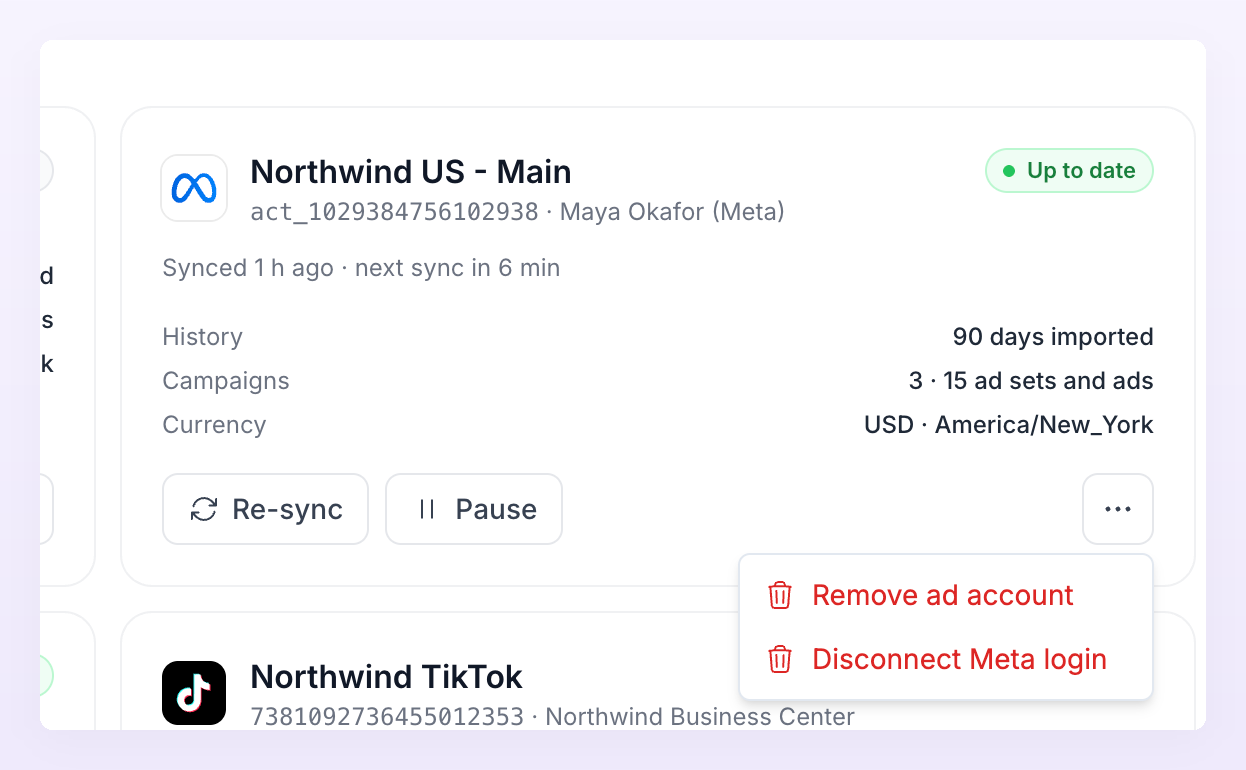 Ad account card menu with Remove ad account and Disconnect Meta login