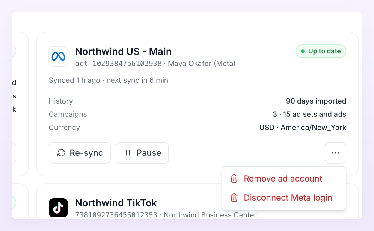 Ad account card menu with Remove ad account and Disconnect Meta login