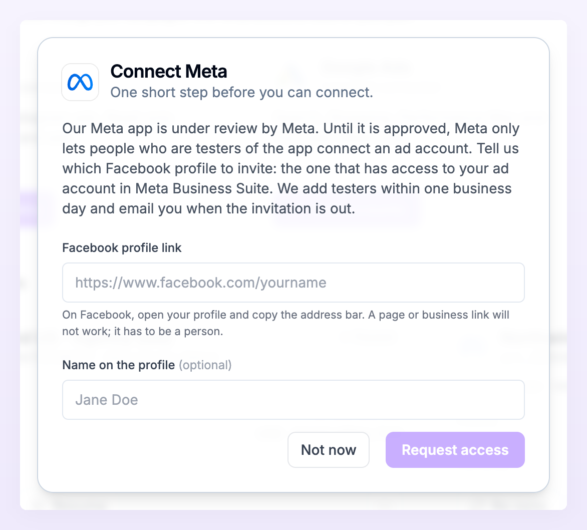 Connect Meta dialog asking for the Facebook profile to invite as a tester
