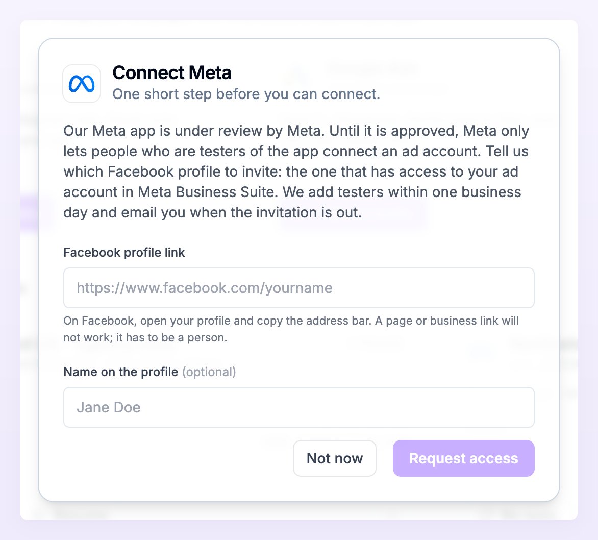 Connect Meta dialog asking for the Facebook profile to invite as a tester