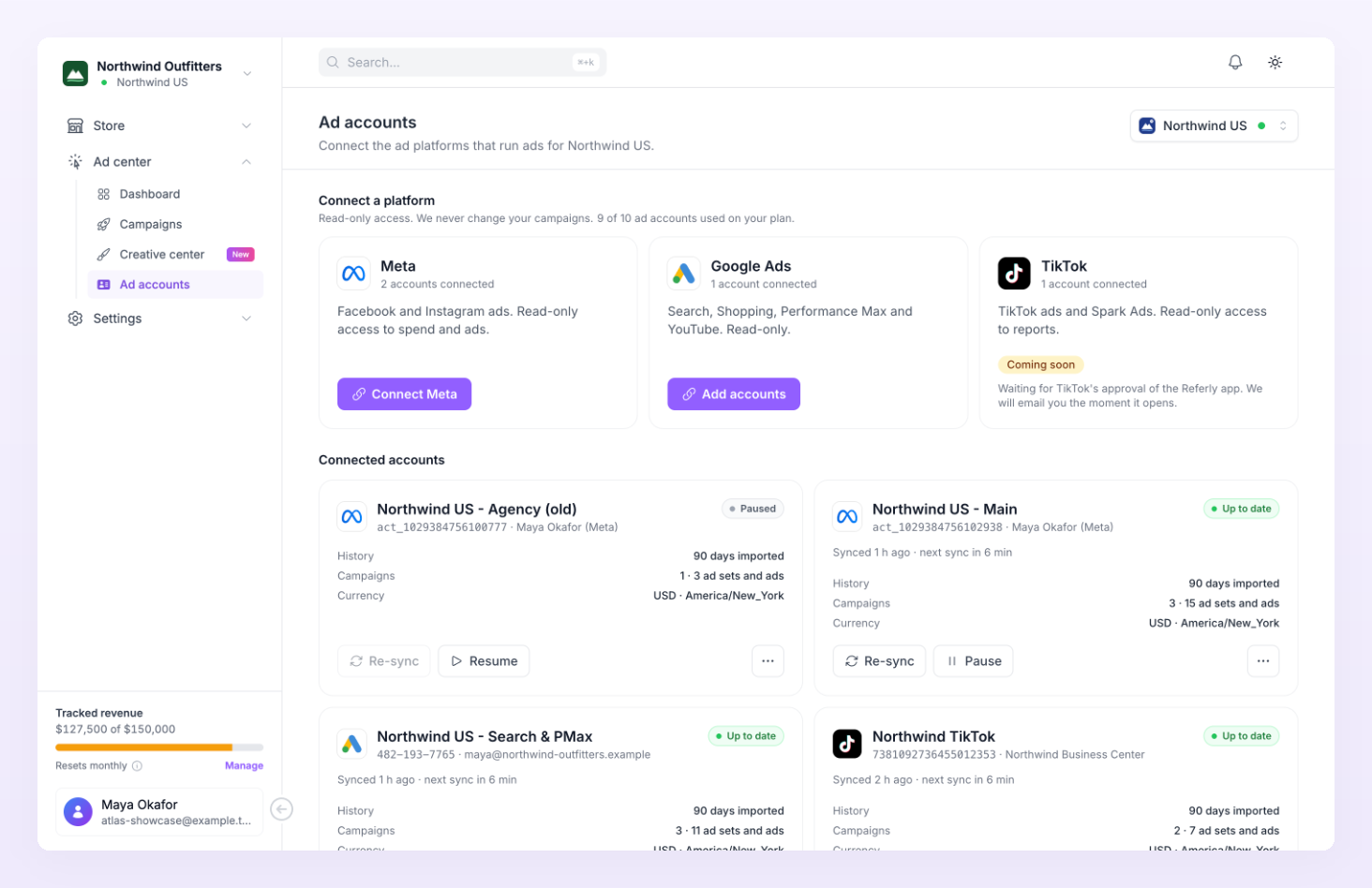 Ad accounts page with the Connect a platform cards and the Connected accounts