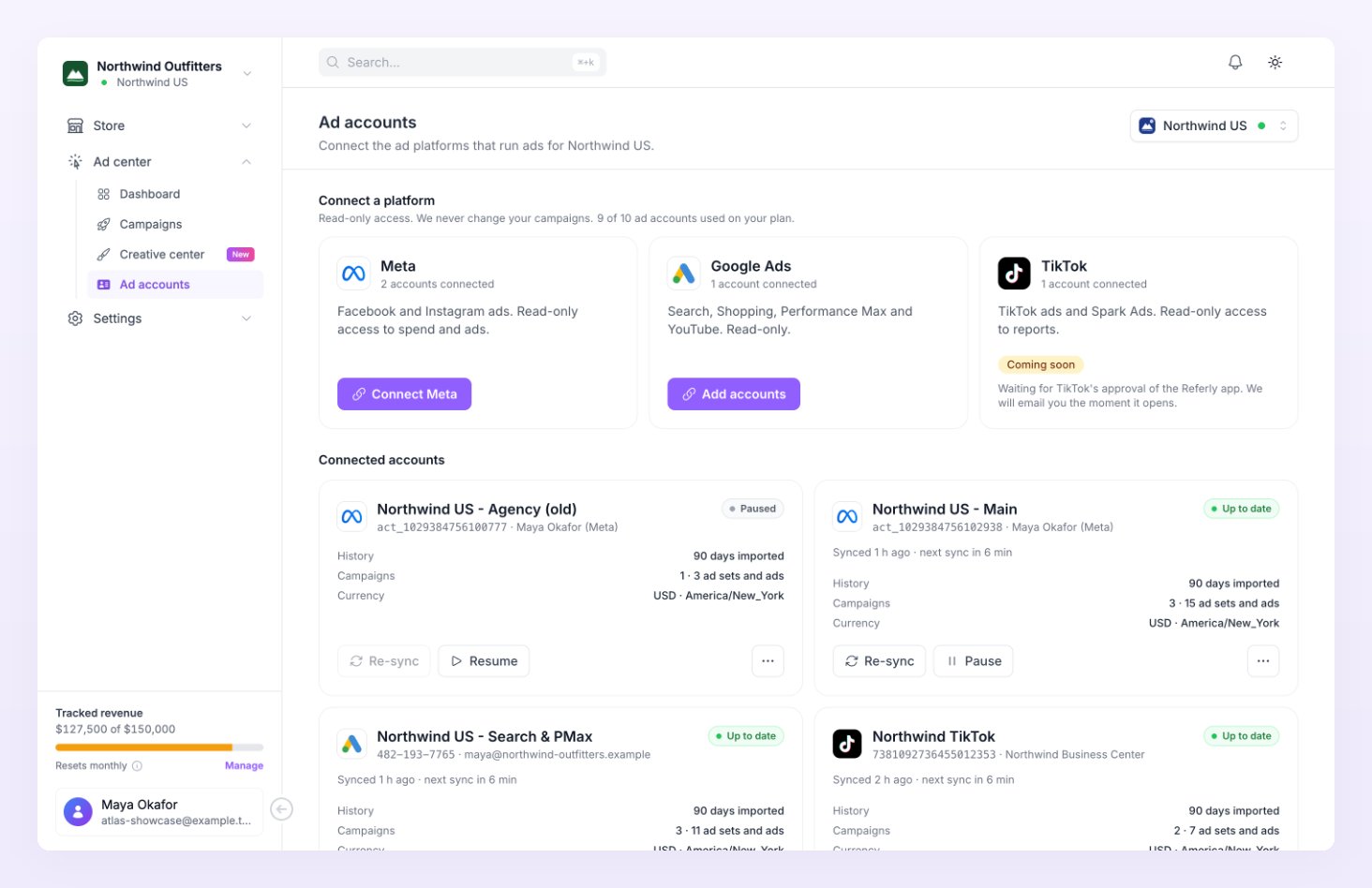 Ad accounts page with the Connect a platform cards and the Connected accounts