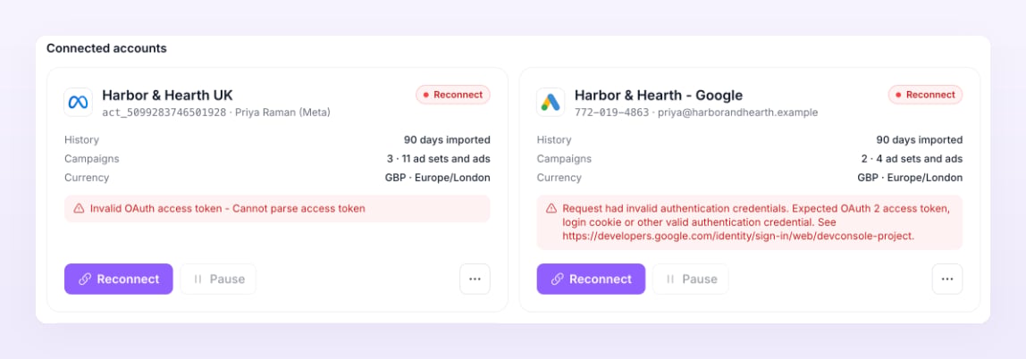 Ad account cards in the Reconnect state