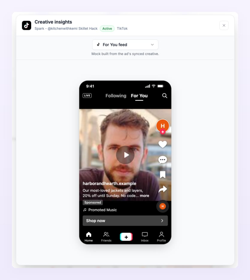 Creative insights sheet for a TikTok creative with the placement selector and the For You feed preview