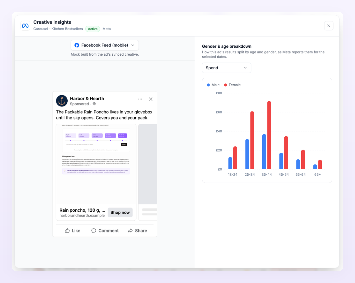 Creative insights sheet for a Meta carousel with the Facebook Feed preview and the Gender & age breakdown