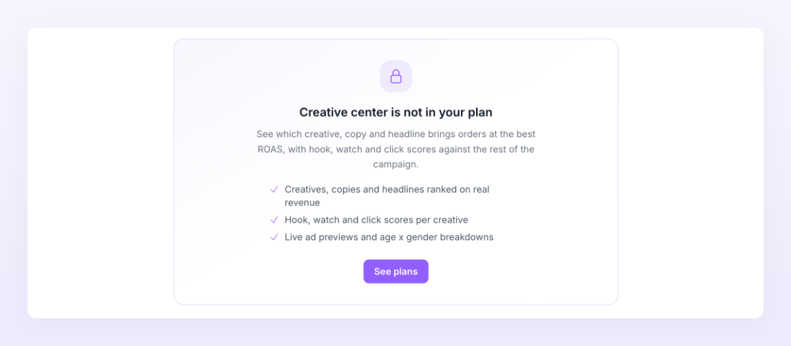Creative center locked card on a Growth plan with the See plans button