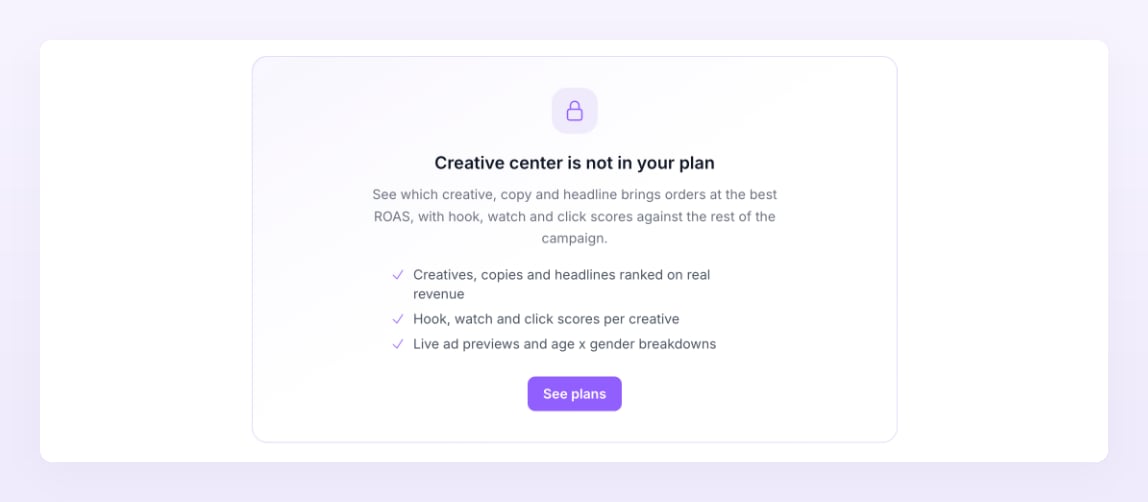 Creative center locked card on a Growth plan with the See plans button
