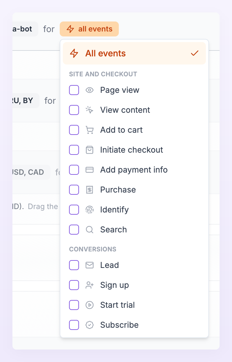Events picker of a rule with All events selected and the Site and checkout and Conversions checkboxes